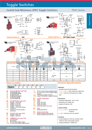 TK41S1A1B1T2GTEV datasheet - Sealed Sub-Miniature SPDT Toggle Switches