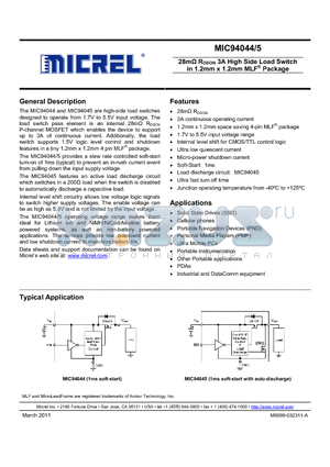 MIC94045YFL datasheet - 28mY RDSON 3A High Side Load Switch in 1.2mm x 1.2mm MLF^ Package