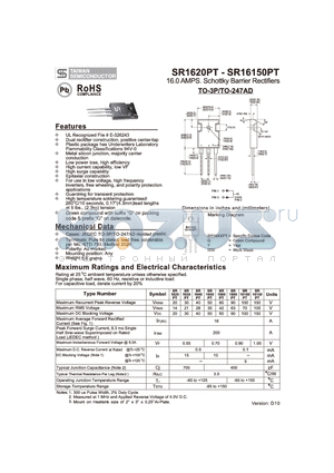 SR1650PT datasheet - 16.0 AMPS. Schottky Barrier Rectifiers