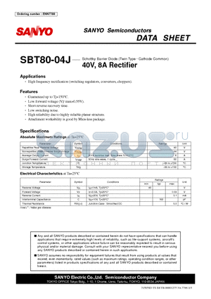 SBT80-04J datasheet - Schottky Barrier Diode (Twin Type g Cathode Common) 40V, 8A Rectifier