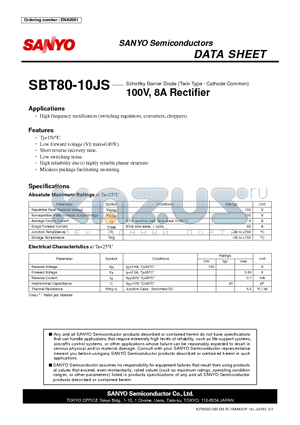 SBT80-10JS datasheet - Schottky Barrier Diode (Twin Type g Cathode Common) 100V, 8A Rectifier