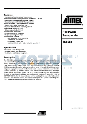 TK5552A-PP datasheet - Read/Write Transponder