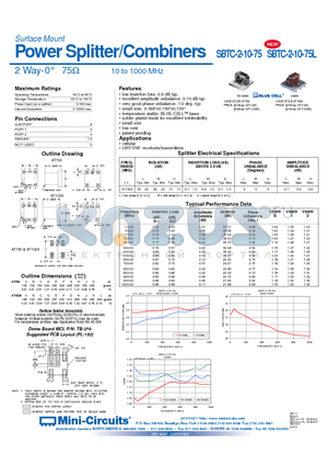 SBTC-2-10-75L datasheet - Power Splitter/Combiners 2 Way-0` 75 10 to 1000 MHz