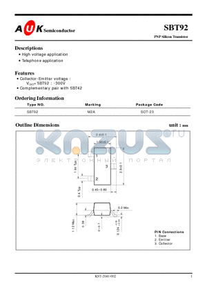 SBT92 datasheet - PNP Silicon Transistor