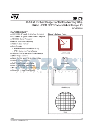 SR176-A3T datasheet - 13.56 MHz Short Range Contactless Memory Chip 176 bit USER EEPROM and 64-bit Unique ID