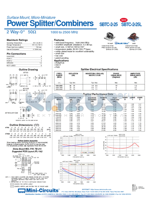 SBTC-2-25L datasheet - Power Splitter/Combiners 2 Way-0` 50 1000 to 2500 MHz
