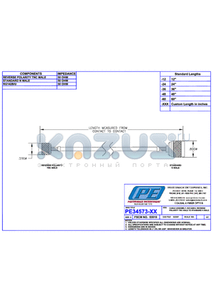 PE34573 datasheet - CABLE ASSEMBLY RG142B/U REVERSE POLARITY TNC MALE TO STANDARD N MALE