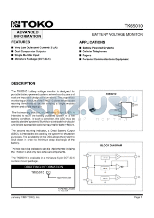 TK65010TL datasheet - BATTERY VOLTAGE MONITOR