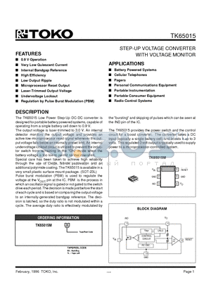 TK65015M datasheet - STEP-UP VOLTAGE CONVERTER WITH VOLTAGE MONITOR