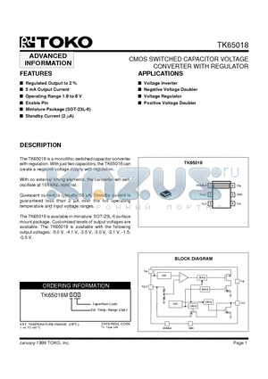 TK65018 datasheet - CMOS SWITCHED CAPACITOR VOLTAGE CONVERTER WITH REGULATOR