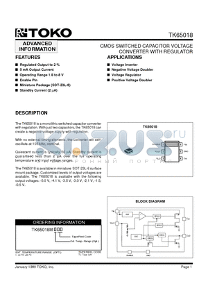 TK65018MITL datasheet - CMOS SWITCHED CAPACITOR VOLTAGE CONVERTER WITH REGULATOR