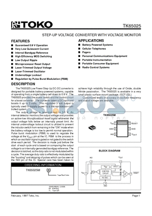 TK65025MTL datasheet - STEP-UP VOLTAGE CONVERTER WITH VOLTAGE MONITOR