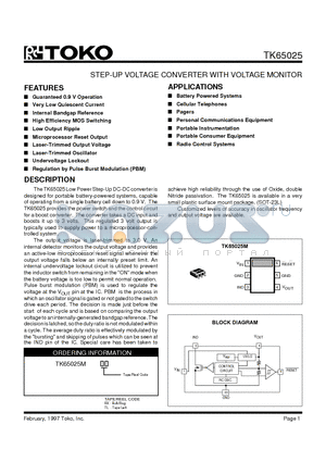 TK65025MBX datasheet - STEP-UP VOLTAGE CONVERTER WITH VOLTAGE MONITOR