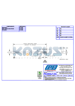 PE3494LF datasheet - CABLE ASSEMBLY RG142B/U SMA MALE TO SMA FEMALE BULKHEAD