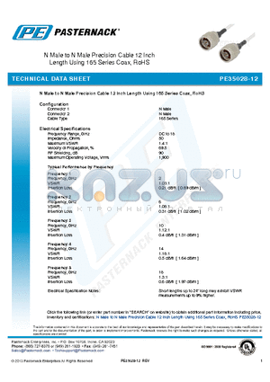 PE35028-12 datasheet - N Male to N Male Precision Cable 12 Inch Length Using 165 Series Coax, RoHS