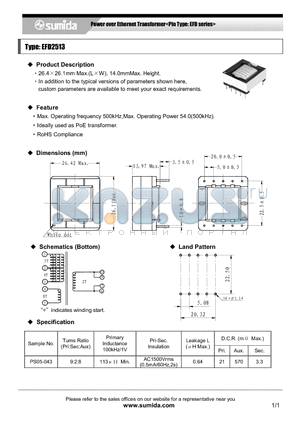 PS05-043 datasheet - Power over Ethernet Transformer<Pin Type: EFD series>