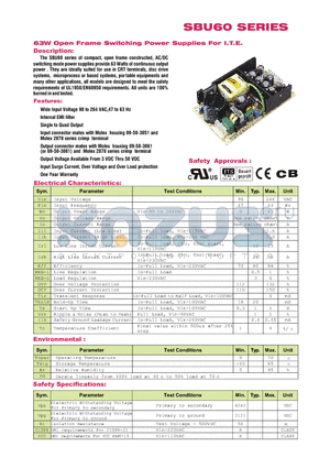 SBU60-102 datasheet - 63W Open Frame Switching Power Supplies For I.T.E.