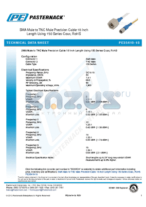 PE35419-18 datasheet - SMA Male to TNC Male Precision Cable 18 Inch Length Using 150 Series Coax, RoHS