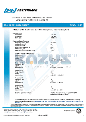 PE35419-48 datasheet - SMA Male to TNC Male Precision Cable 48 Inch Length Using 150 Series Coax, RoHS