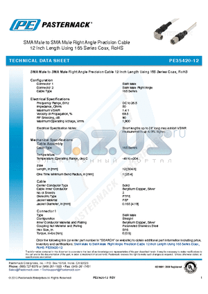PE35420-12 datasheet - SMA Male to SMA Male Right Angle Precision Cable 12 Inch Length Using 165 Series Coax, RoHS