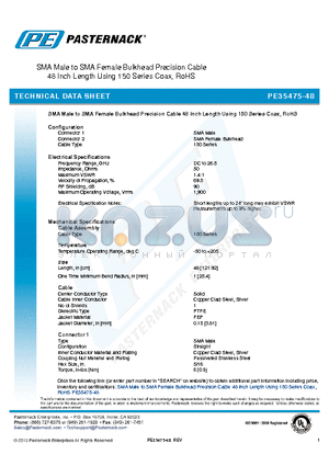 PE35475-48 datasheet - SMA Male to SMA Female Bulkhead Precision Cable 48 Inch Length Using 150 Series Coax, RoHS