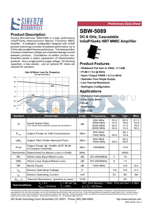 SBW-5089 datasheet - DC-8 GHz, Cascadable InGaP/GaAs HBT MMIC Amplifier