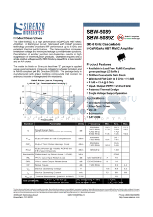 SBW-5089 datasheet - Product Description InGaP/GaAs HBT MMIC Amplifier