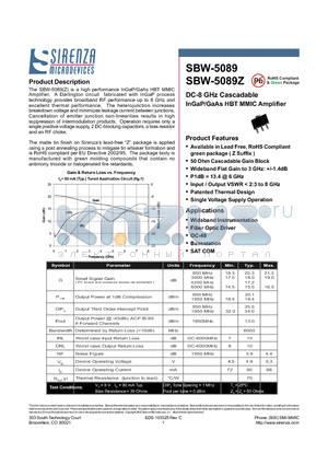SBW-5089_1 datasheet - Product Description InGaP/GaAs HBT MMIC Amplifier