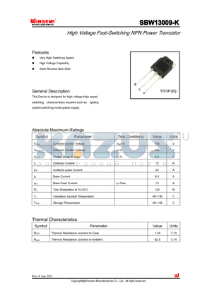 SBW13009-K datasheet - High Voltage Fast-Switching NPN Power Transistor