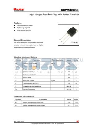 SBW13009-S datasheet - High Voltage Fast-Switching NPN Power Transistor