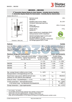 SBX2040 datasheet - 2nd Generation Bypass Diodes for Solar Modules - Schottky Barrier Rectifiers