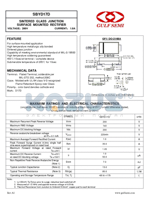 SBYD17D datasheet - SINTERED GLASS JUNCTION SURFACE MOUNTED RECTIFIER VOLTAGE200V CURRENT 1.0A