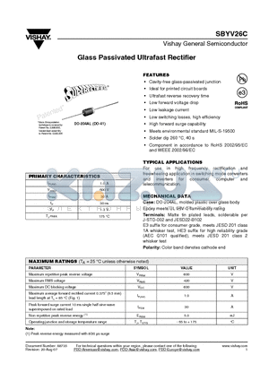 SBYV26CHE3/54 datasheet - Glass Passivated Ultrafast Rectifier