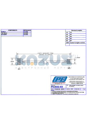 PE3652 datasheet - CABLE ASSEMBLY RG142B/U N MALE TO TNC MALE