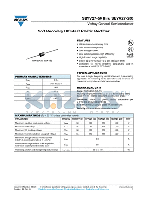 SBYV27-100 datasheet - Soft Recovery Ultrafast Plastic Rectifier