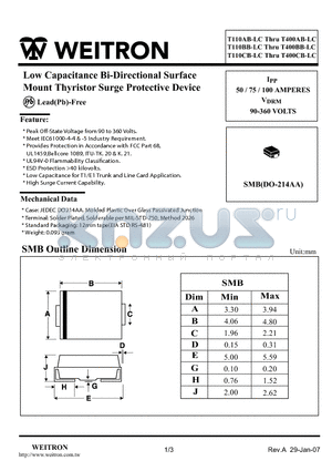 T400BB-LC datasheet - Low Capacitance Bi-Directional Surface Mount Thyristor Surge Protective Device