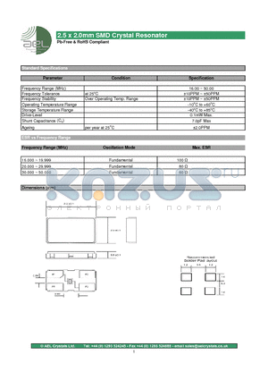 SMD datasheet - 2.5 x 2.0mm SMD Crystal Resonator