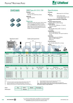 SMD0805P050TS datasheet - These devices offer wide range in hold currents from 0.1 A to 1.0 A and voltages from 6 V to 15 V