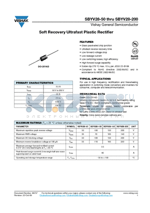 SBYV28-200 datasheet - Soft Recovery Ultrafast Plastic Rectifier