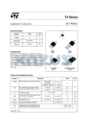 T405-600H datasheet - 4A TRIACS
