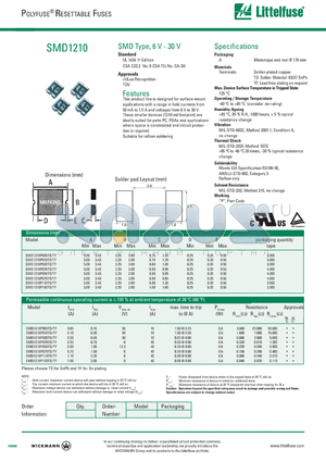 SMD1210 datasheet - This product line is designed for surface-mount applications with a range in hold currents from 50 mA to 1.5 A and voltages from 6 V to 30 V.