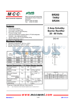 SR206 datasheet - 2 Amp Schottky Barrier Rectifier 20 - 60 Volts