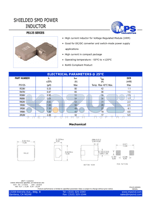 PS125-R33M datasheet - SHIELDED SMD POWER INDUCTOR