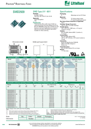 SMD2920 datasheet - POLYFUSE RESETTABLE FUSES SMD Type, 6 V - 60 V