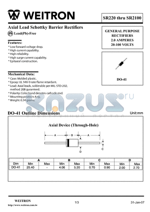 SR2100 datasheet - Axial Lead Schottky Barrier Rectifiers