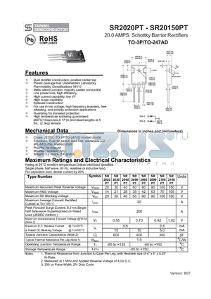 SR2100PT datasheet - 20.0 AMPS. Schottky Barrier Rectifiers