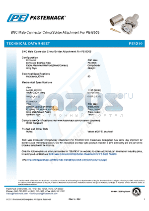 PE4210 datasheet - BNC Male Connector Crimp/Solder Attachment For PE-B305