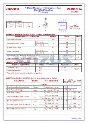 P01N02LJA datasheet - N-Channel Logic Level Enhancement Mode Field Effect Transistor(Preliminary)