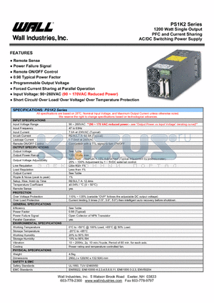 PS1K2S-P012 datasheet - 1200 Watt Single Output PFC and Current Sharing AC/DC Switching Power Supply