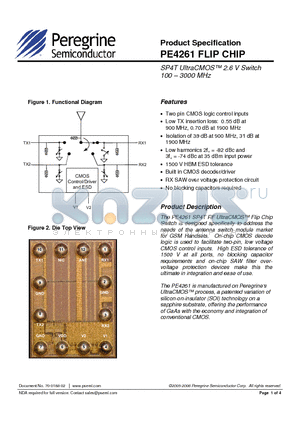 PE4261 datasheet - SP4T UltraCMOS 2.6 V Switch 100 - 3000 MHz